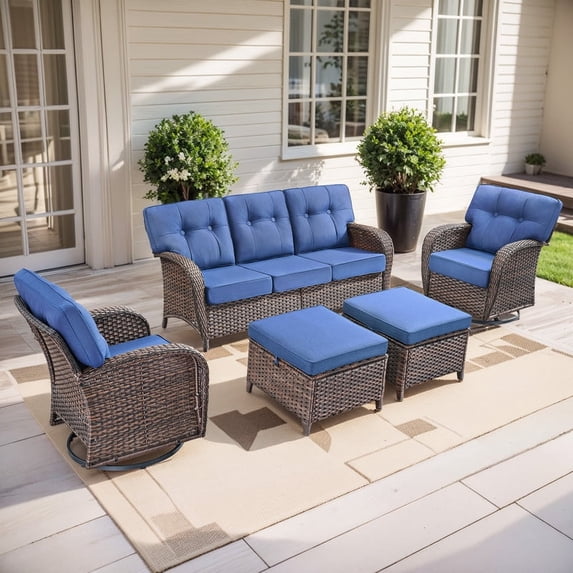 PARKWELL 5 Pieces Patio Furniture Set with Swivel Gliders Chairs, 7-Seat All-Weather Wicker Conversation Set with Rattan Rocking Chair, Ottoman and 5" Thick Cushion for Porch Deck, Brown/Navy