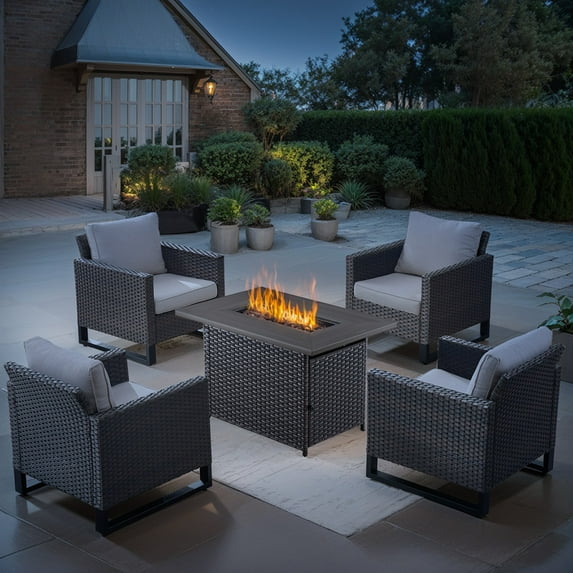 PARKWELL 5 Pieces Patio Rattan Furniture with 41" Fire Pit Table and Deep Seat Lounge Accent Armchairs,Brown Wicker and Beige Cushions