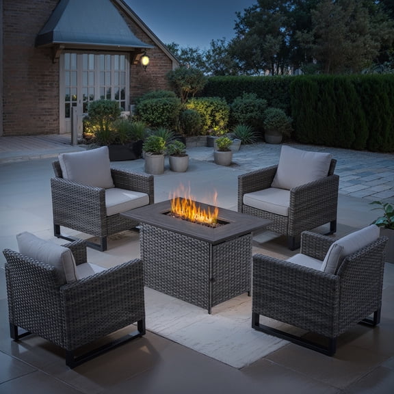 PARKWELL 5 Pieces Patio Rattan Furniture with 41" Fire Pit Table and Deep Seat Lounge Accent Armchairs,Gray Wicker and Beige Cushions