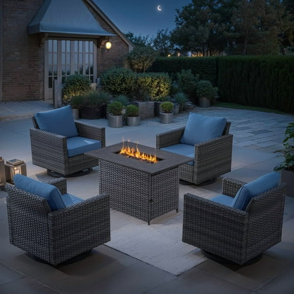 PARKWELL 5 Pieces Patio Rattan Furniture with 41" Fire Pit Table and Deep Seat Swivel Gliders,Gray Wicker and Navy Cushions