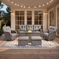 thumbnail image 1 of PARKWELL 6-Piece Outdoor Furniture Set with 30-Inch Propane Firepit - Rattan Cushioned Sofa and Wicker Swivel Glider Chairs,Outdoor Seating for Backyard Gatherings, Brown/Gray, 1 of 10