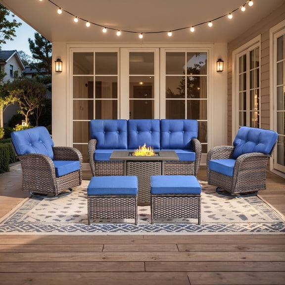 PARKWELL 6-Piece Outdoor Furniture Set with 30-Inch Propane Firepit - Rattan Cushioned Sofa and Wicker Swivel Glider Chairs,Outdoor Seating for Backyard Gatherings, Brown/Navy