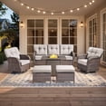 thumbnail image 1 of PARKWELL 6-Piece Outdoor Furniture Set with 30-Inch Propane Firepit - Rattan Cushioned Sofa and Wicker Swivel Glider Chairs,Outdoor Seating for Backyard Gatherings, Brown/Beige, 1 of 10