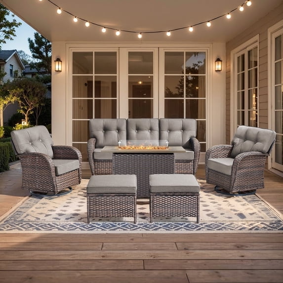 PARKWELL 6-Piece Outdoor Furniture Set with 41-Inch Propane Firepit - Rattan Cushioned Sofa and Wicker Swivel Glider Chairs,Outdoor Seating for Backyard Gatherings, Brown/Gray