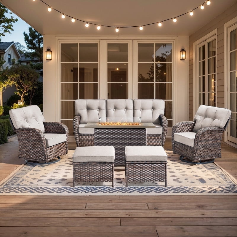 PARKWELL 6-Piece Outdoor Furniture Set with 41-Inch Propane Firepit - Rattan Cushioned Sofa and Wicker Swivel Glider Chairs,Outdoor Seating for Backyard Gatherings, Brown/Beige