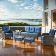 PARKWELL 6-Piece Outdoor Furniture Sets,All-Weather Wicker Patio Sectional Sofa Couch Conversation Sets with Cushions for Balcony,Navy
