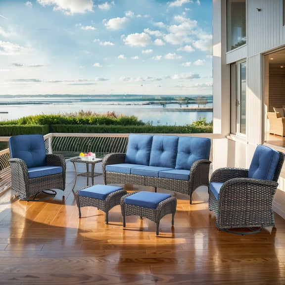 PARKWELL 6-Piece Outdoor Furniture Sets,All-Weather Wicker Patio Sectional Sofa Couch Conversation Sets with Cushions for Balcony,Navy