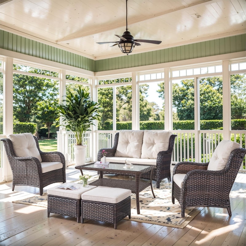 PARKWELL 6-Piece Outdoor High Back Patio Conversation Set,Rattan 6-Seat Furniture with Loveseat Sofa, Wicker Chairs,Coffee Table and Ottomans,Brown Wicker Beige Cushions
