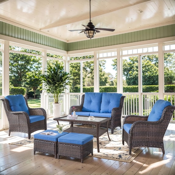 PARKWELL 6-Piece Outdoor High Back Patio Conversation Set,Rattan 6-Seat Furniture with Loveseat Sofa, Wicker Chairs,Coffee Table and Ottomans,Brown Wicker Navy Cushions
