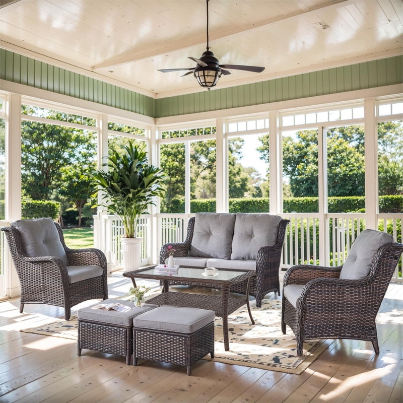 PARKWELL 6-Piece Outdoor High Back Patio Conversation Set,Rattan 6-Seat Furniture with Loveseat Sofa, Wicker Chairs,Coffee Table and Ottomans,Brown Wicker Gray Cushions