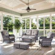 PARKWELL 6-Piece Outdoor High Back Patio Conversation Set,Rattan 6-Seat Furniture with Loveseat Sofa, Wicker Chairs,Coffee Table and Ottomans,Gray Wicker Gray Cushions