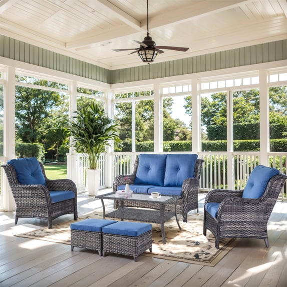 PARKWELL 6-Piece Outdoor High Back Patio Conversation Set,Rattan 6-Seat Furniture with Loveseat Sofa, Wicker Chairs,Coffee Table and Ottomans,Gray Wicker Navy Cushions
