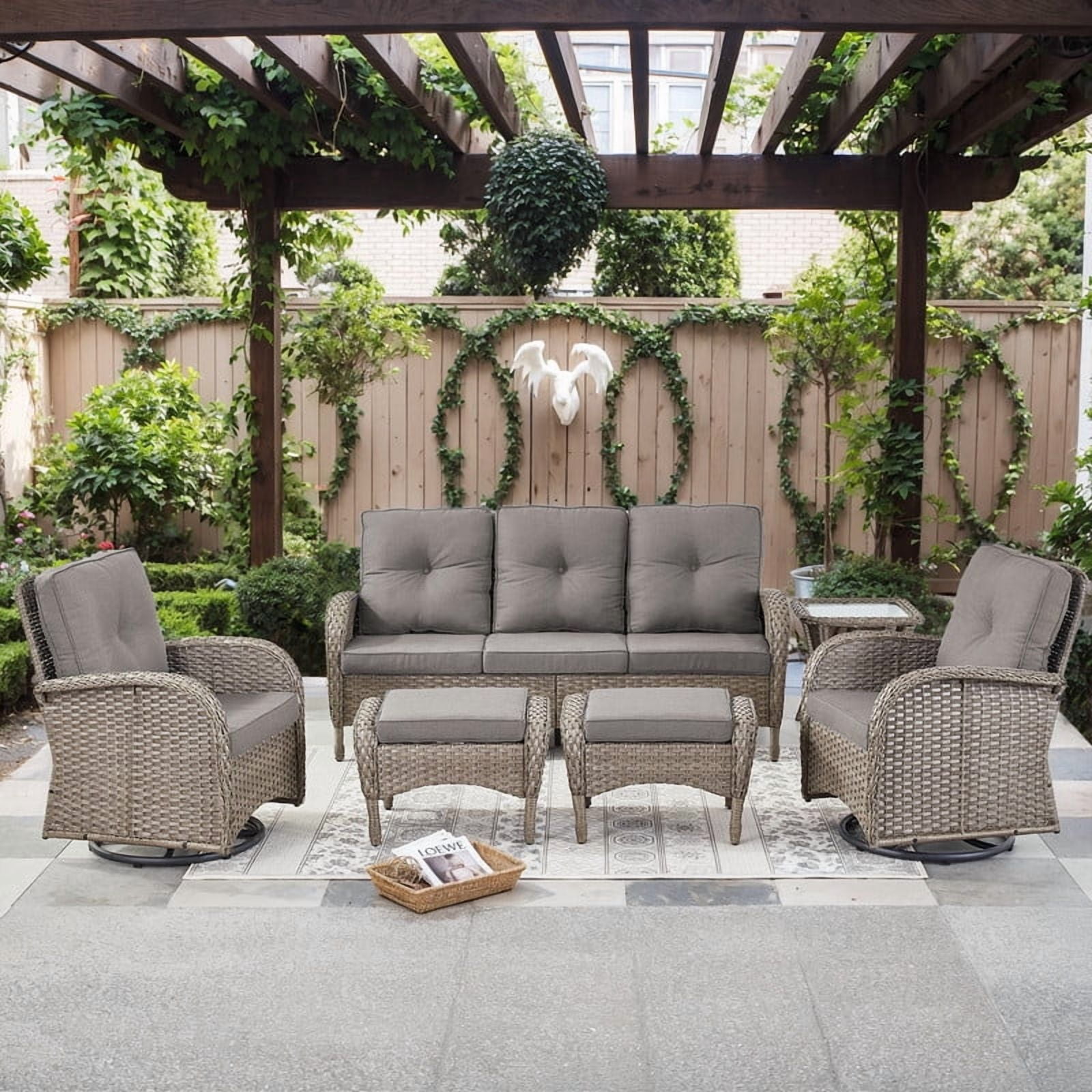 PARKWELL 6-Piece Outdoor Patio Conversation Set,Wicker 7-Seat High Back Furniture with Sofa, Swivel Gliders and Ottomans,Gray Wicker Gray Cushions
