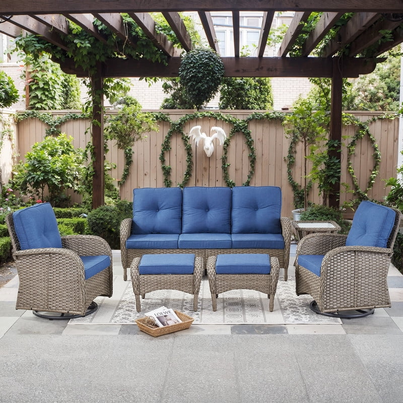 PARKWELL 6-Piece Outdoor Patio Conversation Set,Wicker 7-Seat High Back Furniture with Sofa, Swivel Gliders and Ottomans,Gray Wicker Navy Cushions