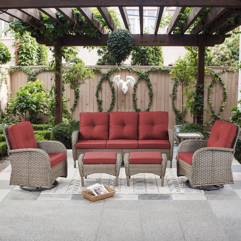 PARKWELL 6-Piece Outdoor Patio Conversation Set,Wicker 7-Seat High Back Furniture with Sofa, Swivel Gliders and Ottomans,Gray Wicker Red Cushions