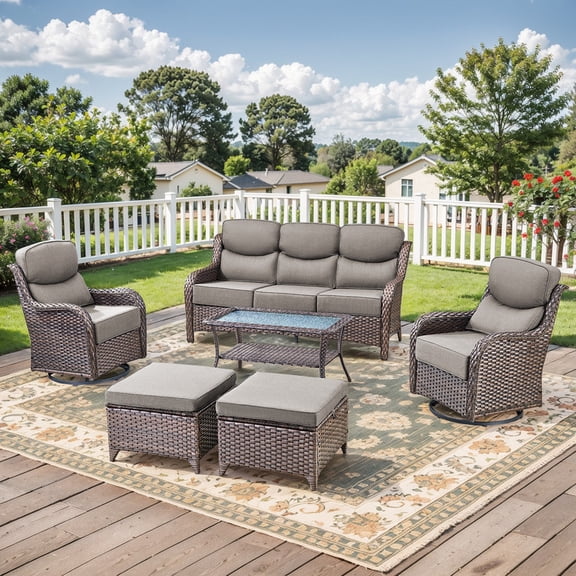 PARKWELL 6 Piece Outdoor Patio Furniture Set,All-Weather High Back Conversation Set with Luxury 6-Inch Thick Cushions,Swivel Glider Chair,7-Seat Furniture Sets for Garden, Deck, Backyard,Brown/Gray
