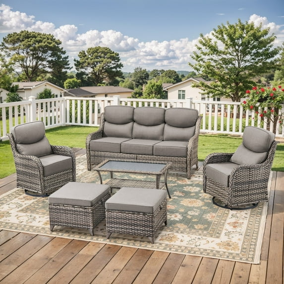 PARKWELL 6 Piece Outdoor Patio Furniture Set,All-Weather High Back Conversation Set with Luxury 6-Inch Thick Cushions,Swivel Glider Chair,7-Seat Furniture Sets for Garden, Deck, Backyard,Gray/Gray