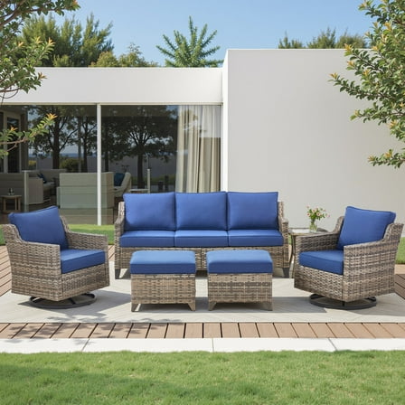 PARKWELL 6 Piece Outdoor Patio Furniture Set,All-Weather Rattan Conversation Set with Deep Seat Couch,Swivel Glider Chair and Seat Foot Rest,7-Seat Furniture Sets for Deck, Backyard,Gray/Navy