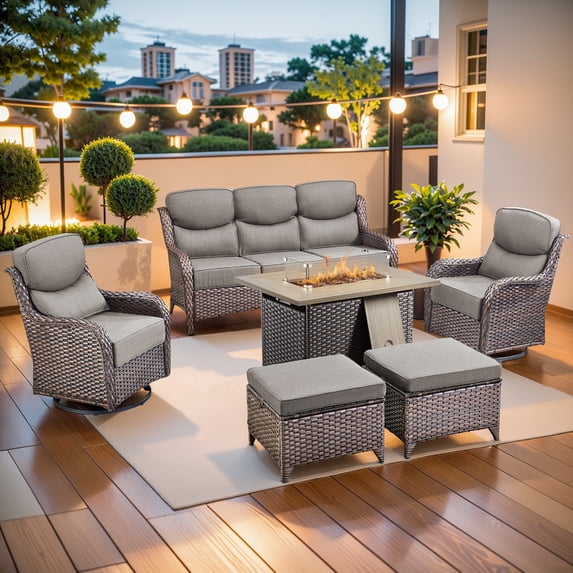 PARKWELL 6-Piece Outdoor Patio Furniture Set with Fire Pit,High Back Conversation with Swivel Glider Chairs,Footrests,50,000 BTU,Luxury 6" Thick Cushions,Wicker Patio Set for Deck, Backyard,Brown/Gray