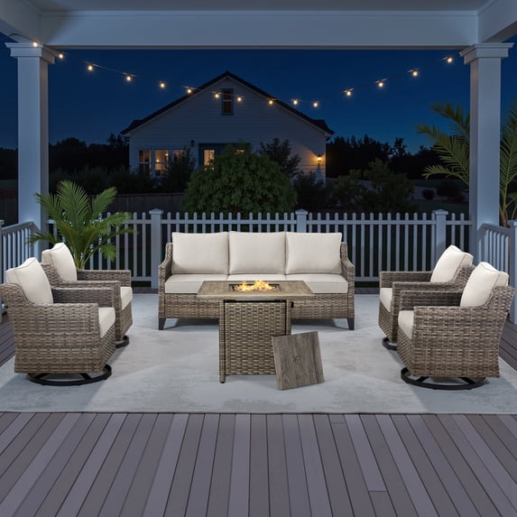 PARKWELL 6 Piece Outdoor Patio Furniture Set with Fire Pit Table,All-Weather Conversation Set with 4-Inch Thick Cushions,4 Swivel Glider Chair,7-Seat Furniture Sets for Deck, Backyard,Gray/Beige