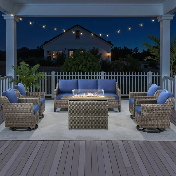 PARKWELL 6 Piece Outdoor Patio Furniture Set with Fire Pit Table,All-Weather Conversation Set with 4-Inch Thick Cushions,4 Swivel Glider Chair,7-Seat Furniture Sets for Deck, Backyard,Gray/Navy