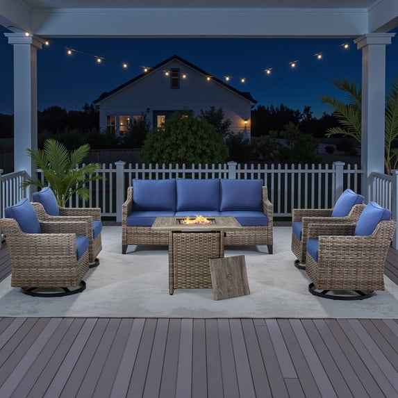 PARKWELL 6 Piece Outdoor Patio Furniture Set with Fire Pit Table,All-Weather Conversation Set with 4-Inch Thick Cushions,4 Swivel Glider Chair,7-Seat Furniture Sets for Deck, Backyard,Gray/Navy