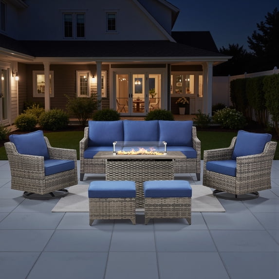 PARKWELL 6 Piece Outdoor Patio Furniture Set with Fire Pit Table,All-Weather Conversation Set with 4-Inch Thick Cushions,Swivel Glider Chair,7-Seat Furniture Sets for Deck, Backyard,Gray/Navy
