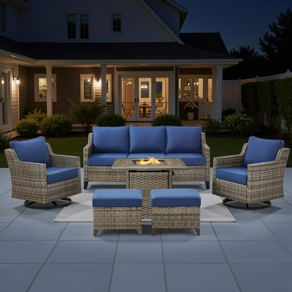 PARKWELL 6 Piece Outdoor Patio Furniture Set with Fire Pit Table,All-Weather Conversation Set with 4-Inch Thick Cushions,Swivel Glider Chair,7-Seat Furniture Sets for Deck, Backyard,Gray/Navy