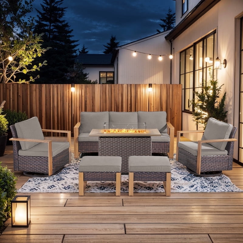 PARKWELL 6 Piece Outdoor Patio Furniture Set with Fire Pit Table,All-Weather Conversation Set with Swivel Glider Chair,7-Seat Patio Fire Pit Seating Sets for Backyard Gatherings, Brown/Gray
