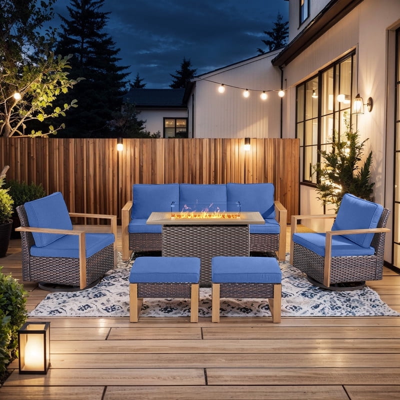 PARKWELL 6 Piece Outdoor Patio Furniture Set with Fire Pit Table,All-Weather Conversation Set with Swivel Glider Chair,7-Seat Patio Fire Pit Seating Sets for Backyard Gatherings, Brown/Navy