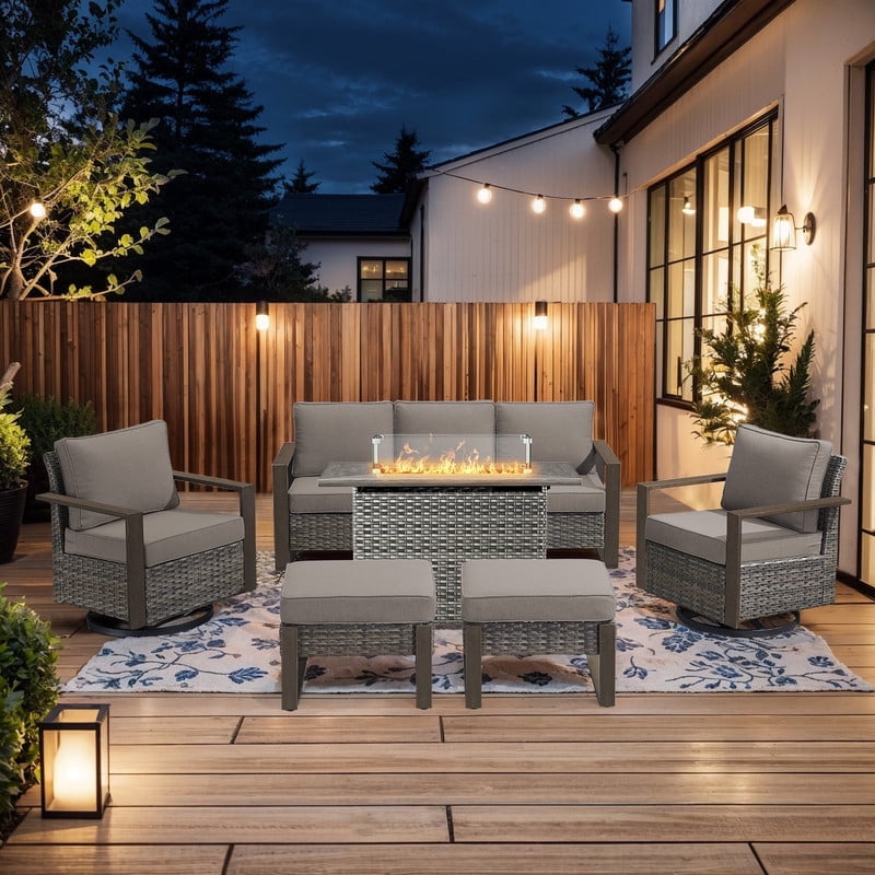 PARKWELL 6 Piece Outdoor Patio Furniture Set with Fire Pit Table,All-Weather Conversation Set with Swivel Glider Chair,7-Seat Patio Fire Pit Seating Sets for Backyard Gatherings, Gray/Gray