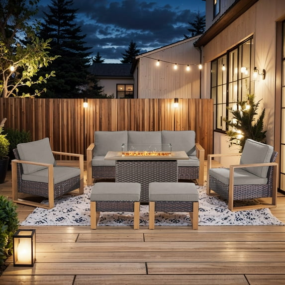 PARKWELL 6 Piece Outdoor Patio Furniture Set with Fire Pit Table,All-Weather Conversation Set with Wicker Lounge Chair,7-Seat Patio Fire Pit Seating Sets for Backyard Gatherings, Brown/Gray