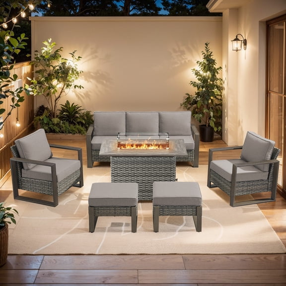 PARKWELL 6 Piece Outdoor Patio Furniture Set with Fire Pit Table,All-Weather Conversation Set with Wicker Lounge Chair,7-Seat Patio Fire Pit Seating Sets for Backyard Gatherings, Gray/Gray