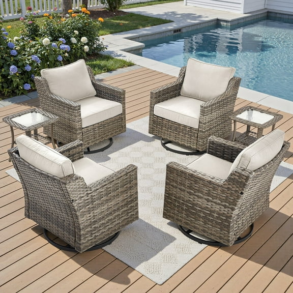 PARKWELL 6 Piece Outdoor Patio Swivel Glider Chair Set,All-Weather Rattan Conversation Set with Swivel Rocking Chair and Side Table,4-Seat Furniture Sets for Deck, Backyard,Gray/Beige