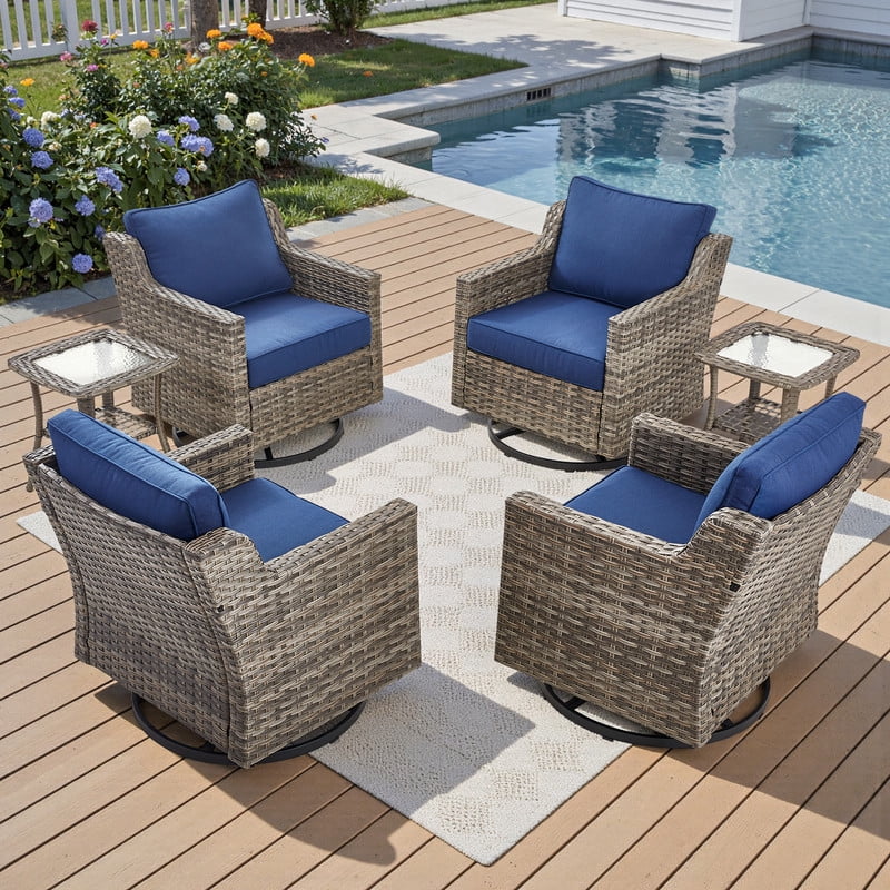 PARKWELL 6 Piece Outdoor Patio Swivel Glider Chair Set,All-Weather Rattan Conversation Set with Swivel Rocking Chair and Side Table,4-Seat Furniture Sets for Deck, Backyard,Gray/Navy