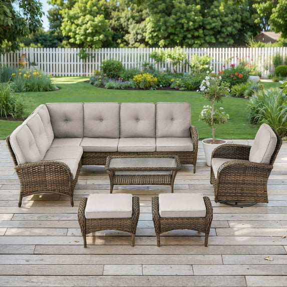 PARKWELL 6-Piece Outdoor Sectional Furniture Set,Patio Wicker L Shaped Couch High Back Conversation Set with a Swivel Glider for Garden Yard,Brown Wicker Beige Cushion