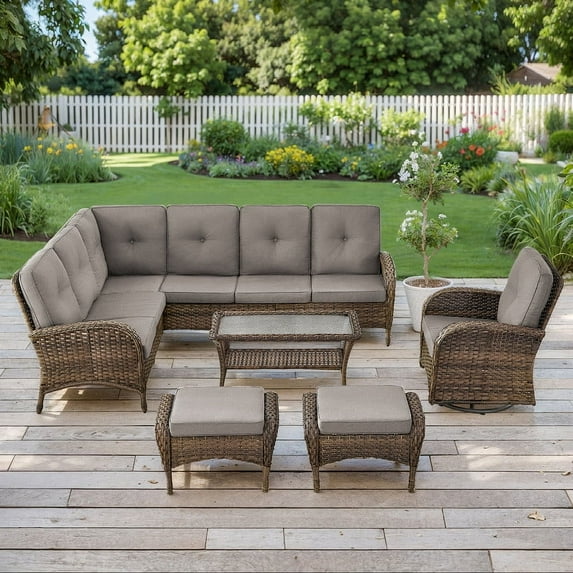 PARKWELL 6-Piece Outdoor Sectional Furniture Set,Patio Wicker L Shaped Couch High Back Conversation Set with a Swivel Glider for Garden Yard,Brown Wicker Gray Cushion