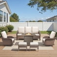 thumbnail image 1 of PARKWELL 6-Piece Outdoor Wicker Patio Furniture Set with Propane Fire Pit Table, Sofa, 360 Swivel Glider Chairs and Footrests, All Weather Rattan Conversation Seating for Deck Garden Backyard, Beige, 1 of 14