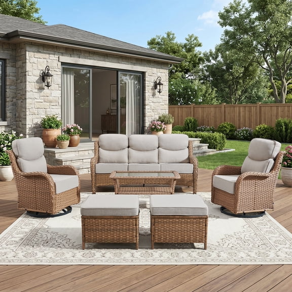 PARKWELL 6-Piece Patio Furniture Set, Outdoor All-Weather Wicker Conversation Sofa Set with Swivel Glider Chair, 6-Inch Thick Removable Cushions and High Back for Porch Balcony Backyard, Beige