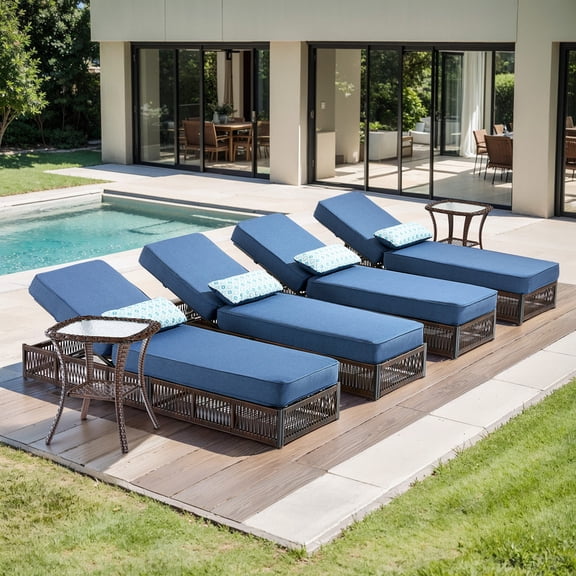 PARKWELL 6 Pieces Outdoor Chaise Lounge Chair Set, Wicker Reclining Chair with Side Table,5-Position Backrest, 5" Thick Cushions and Lumbar Support for Patio or Poolside, Brown/Navy