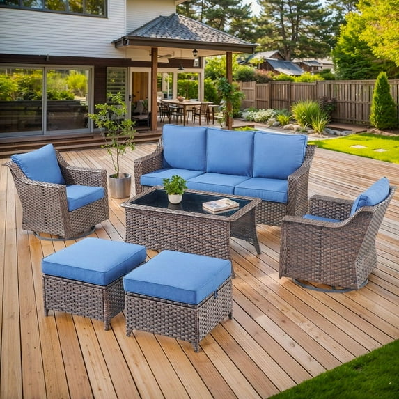 PARKWELL 6 Pieces Outdoor Patio Furniture Set 7-Seat High Back Wicker Conversation Set with Swivel Glider Chairs and Coffee Table for Balcony Yard,Brown Wicker Navy Cushion