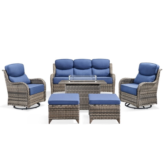 PARKWELL 6 Pieces Outdoor Patio High Back Furniture Set with Fire Pit Table, Luxury 6" Thick Conversation Set with Swivel Glider Chairs,Wicker Seating Set for Deck, Backyard,Gray/Navy