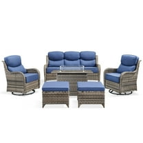 PARKWELL 6 Pieces Outdoor Patio High Back Furniture Set with Fire Pit Table, Luxury 6" Thick Conversation Set with Swivel Glider Chairs,Wicker Seating Set for Deck, Backyard,Gray/Navy