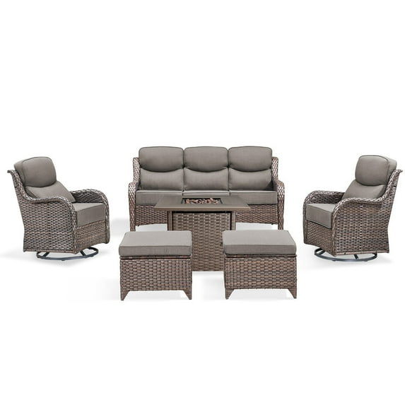 PARKWELL 6 Pieces Outdoor Patio High Back Furniture Set with Fire Pit Table, Luxury 6" Thick Conversation Set with Swivel Glider Chairs,Wicker Seating Set for Deck, Backyard,Brown/Gray