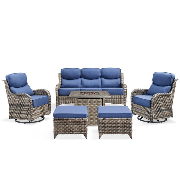 PARKWELL 6 Pieces Outdoor Patio High Back Furniture Set with Fire Pit Table, Luxury 6" Thick Conversation Set with Swivel Glider Chairs,Wicker Seating Set for Deck, Backyard,Gray/Navy