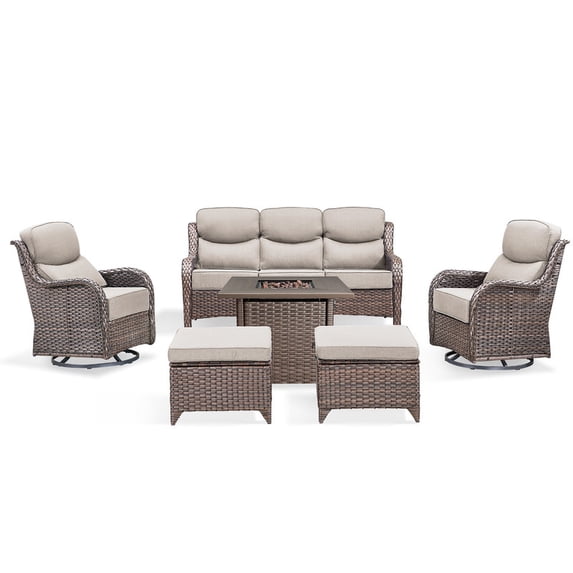 PARKWELL 6 Pieces Outdoor Patio High Back Furniture Set with Fire Pit Table, Luxury 6" Thick Conversation Set with Swivel Glider Chairs,Wicker Seating Set for Deck, Backyard,Brown/Beige