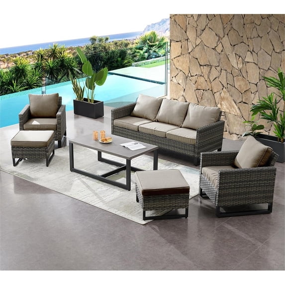 PARKWELL 6 Pieces Outdoor Sectional Sofa Furniture Sets - Wicker Rattan Conversation Dining Furniture Set with Cushions - Gray
