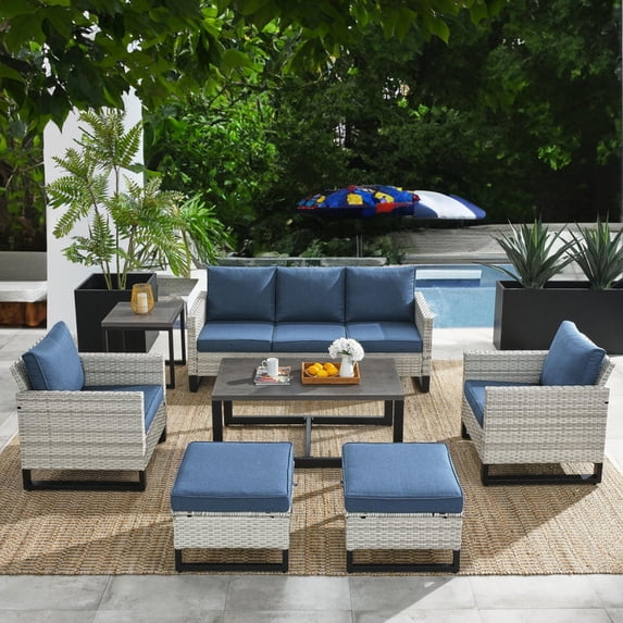 PARKWELL 6 Pieces Outdoor Sectional Sofa Furniture Sets - Wicker Rattan Conversation Dining Furniture Set with Cushions - Navy