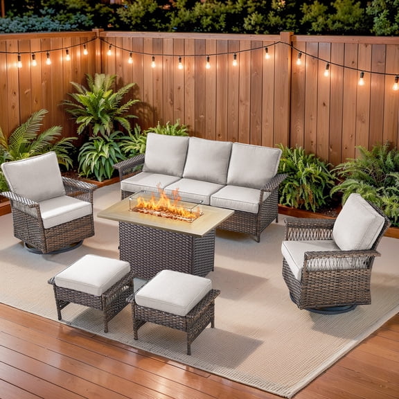 PARKWELL 6 Pieces Patio Furniture Set with Fire Pit Table, Outdoor 7-Seat Wicker Conversation Couch Set with Swivel Gliders Chairs, Deep Seating Furniture for Porch Deck, Brown/Beige