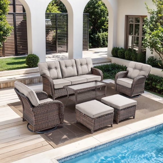 PARKWELL 6 Pieces Patio Furniture Set with Swivel Chairs, 7-Seat Wicker Conversation Set with Rattan Rocking Chair, Ottoman, Coffee Table and 5" Thick Cushion for Porch Deck, Brown/Beige